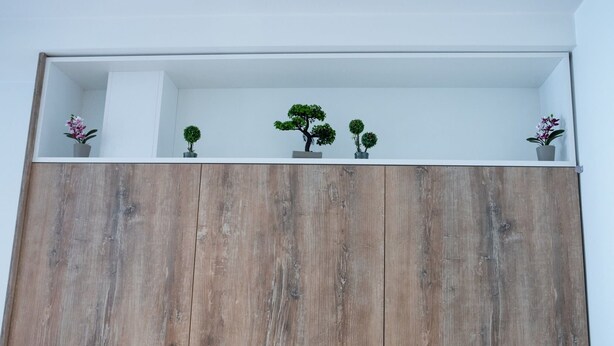 A wooden cabinet with multiple shelves, some holding small potted plants. - Cozy modern studio in Thessaloniki (Thessaloniki)