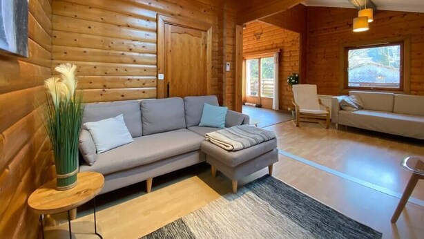 Interno di una baita di legno con un divano grigio, un poggiapiedi, un tavolino in legno con un vaso e una finestra vista sul verde.