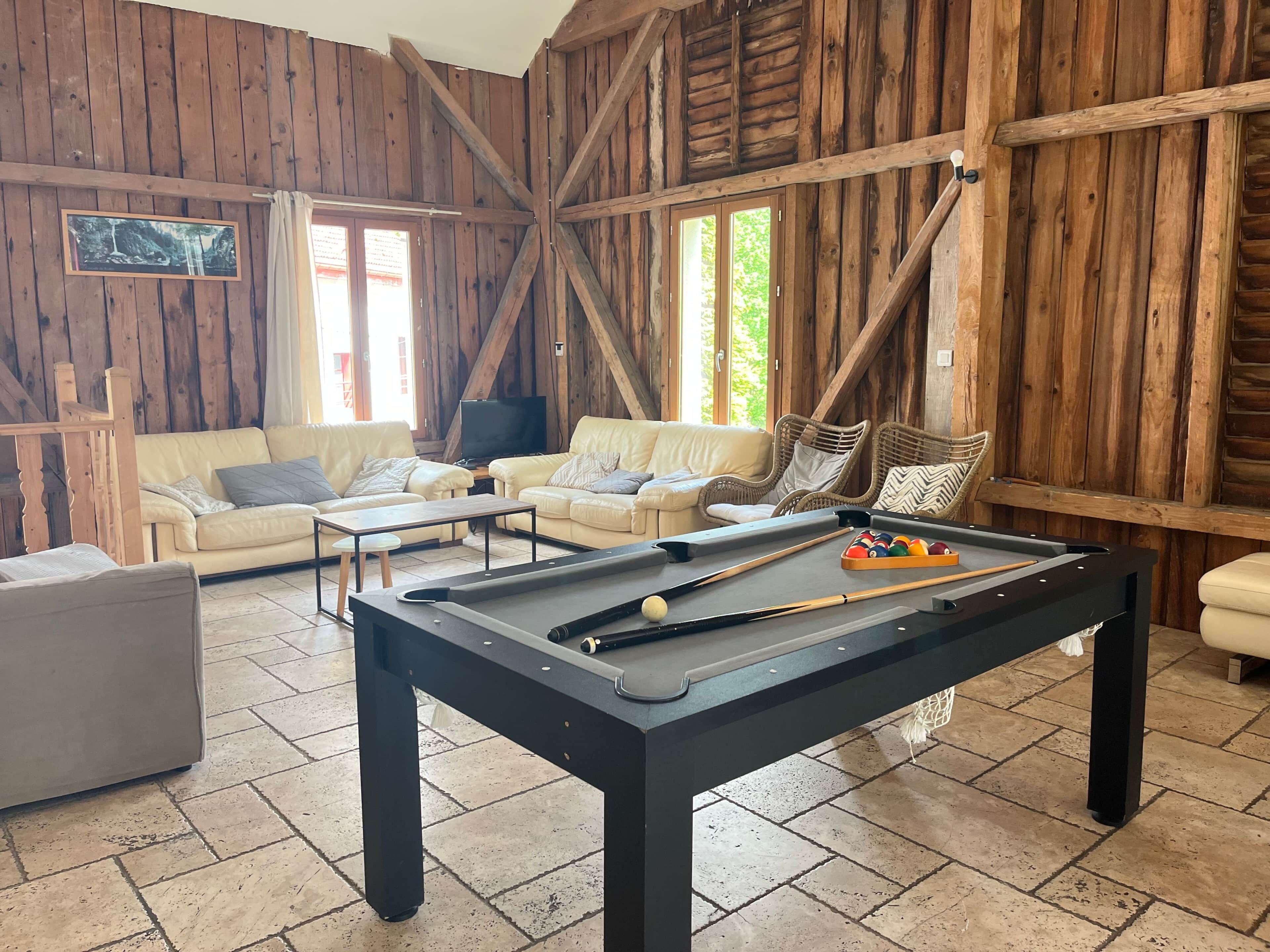 TV, DVD player, foosball, table tennis