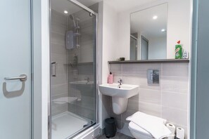 Douche, séchoir à cheveux, serviettes fournies, shampooing