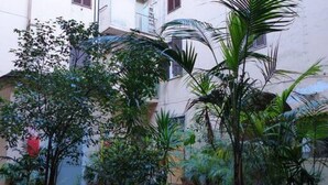 Un patio con plantas en macetas y un edificio con balcones.
