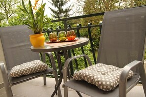 Relax on the balcony with a potted plant and two comfortable chairs.