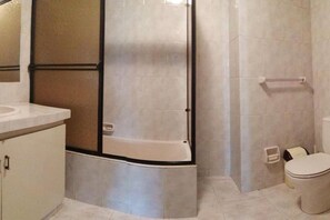 Hair dryer, towels, soap, toilet paper