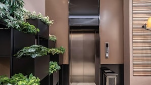 An elevator with a modern design, flanked by black shelving units with green plants. - Ripple Hotel (Sihong Renmin Road) (Sihong)