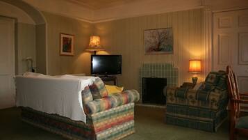 Smart TV, fireplace, books, video library