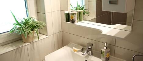 Hair dryer, towels, soap, shampoo