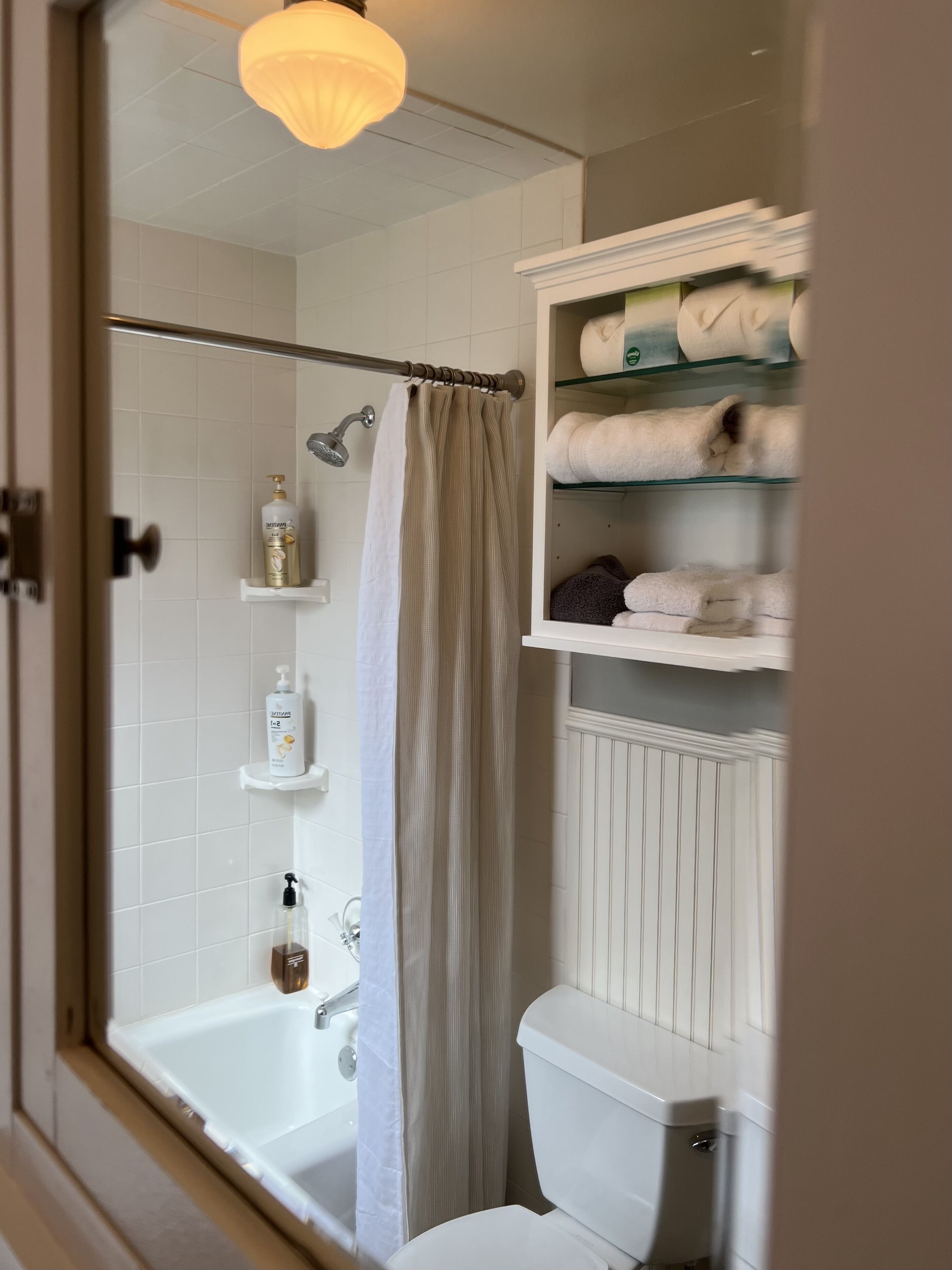 Hair dryer, towels, soap, shampoo