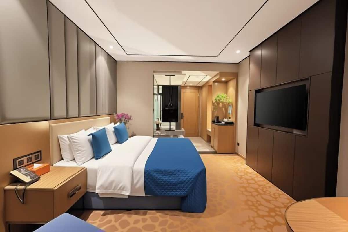 A modern hotel room with a bed, bedside table, TV, and a view into the hallway.