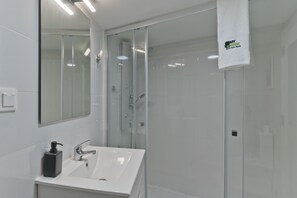 Shower, hair dryer, towels