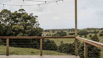 A wooden deck with a metal railing overlooking a grassy landscape with trees.