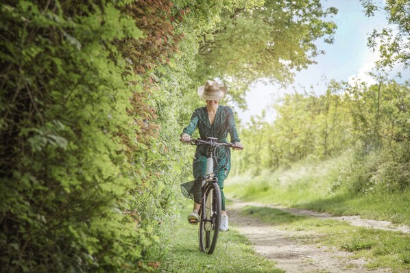 Iemand fietst op een smal pad, omringd door weelderige begroeiing.