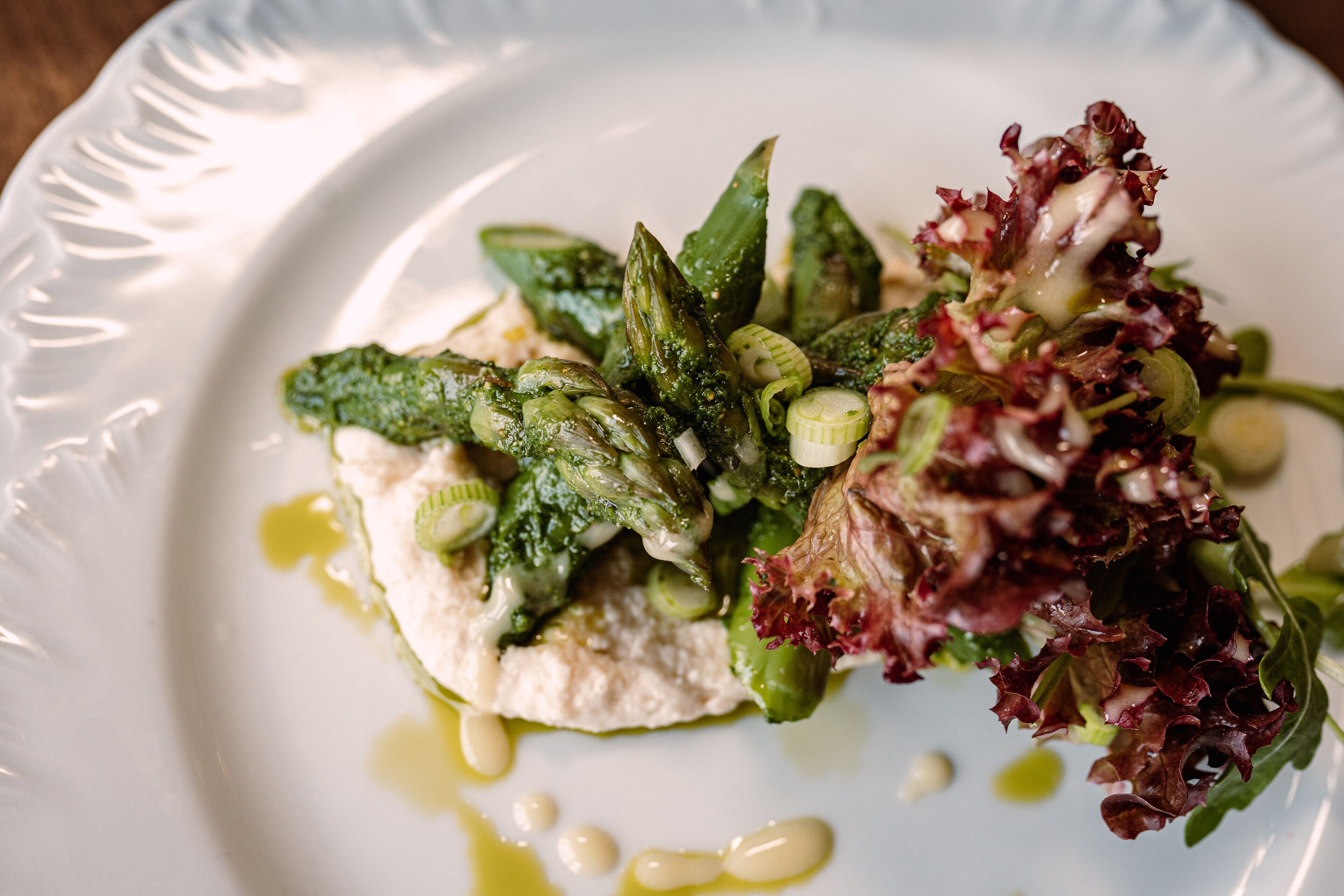 Un plato blanco con ensalada de hojas verdes y, quizás, algo de carne, aderezada con salsa cremosa y aceite de oliva.