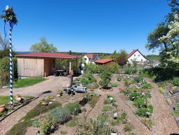 A garden with raised beds, a wooden shed, and a white house with a red roof.