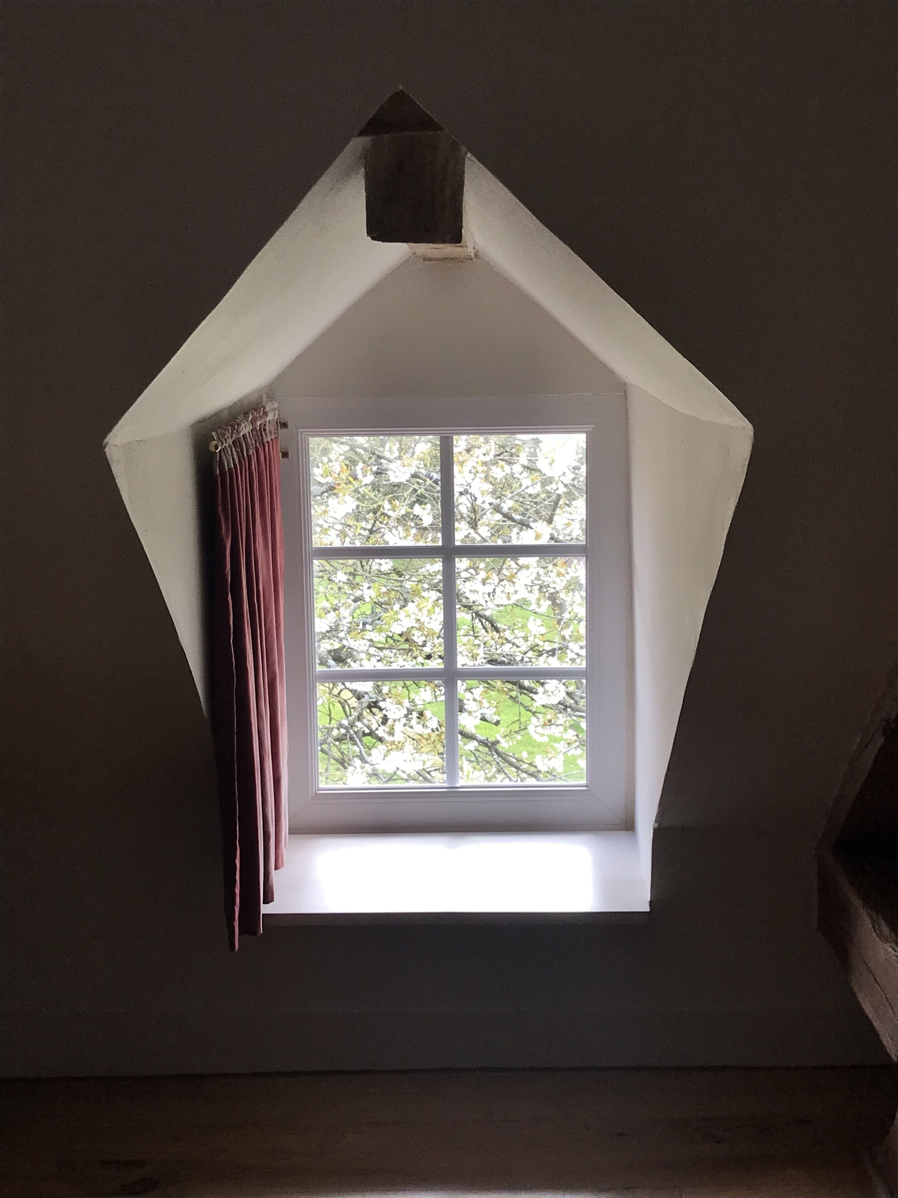 A dormer window with a view of trees, a white ceiling, and a brown wall.