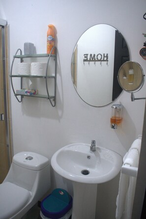 Douche, séchoir à cheveux, serviettes fournies, savon