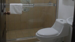 Une salle de bain avec une douche à parois de verre, des toilettes et un lavabo.
