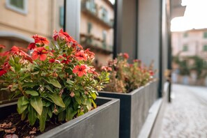 A row of rectangular planters with red flowers and green foliage, placed along a sidewalk next to a building with balconies.