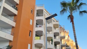 A multi-story building with balconies, a palm tree, and storefronts including a cafe and a boutique. - Apartment Center harbor 4p Air-conditioned + Car park CAP6 (Agde)