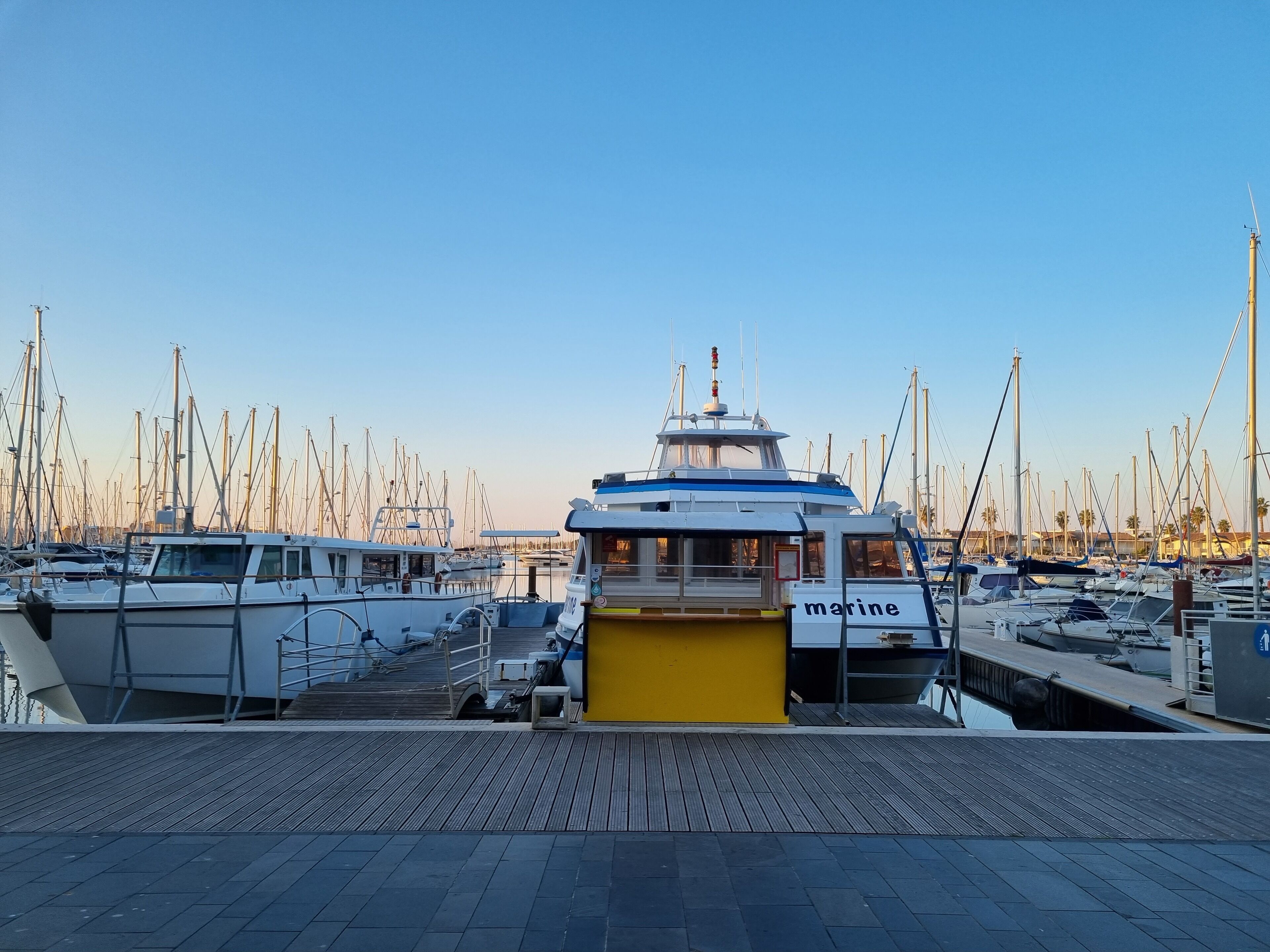 A marina with multiple boats docked, a central boat with a yellow and blue color scheme, and a clear sky.