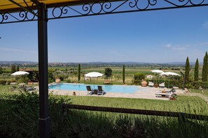 Ein Poolbereich mit Liegestühlen und Sonnenschirmen, umgeben von viel Grün und Blick auf ferne Hügel.