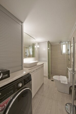 Shower, hair dryer, towels, soap