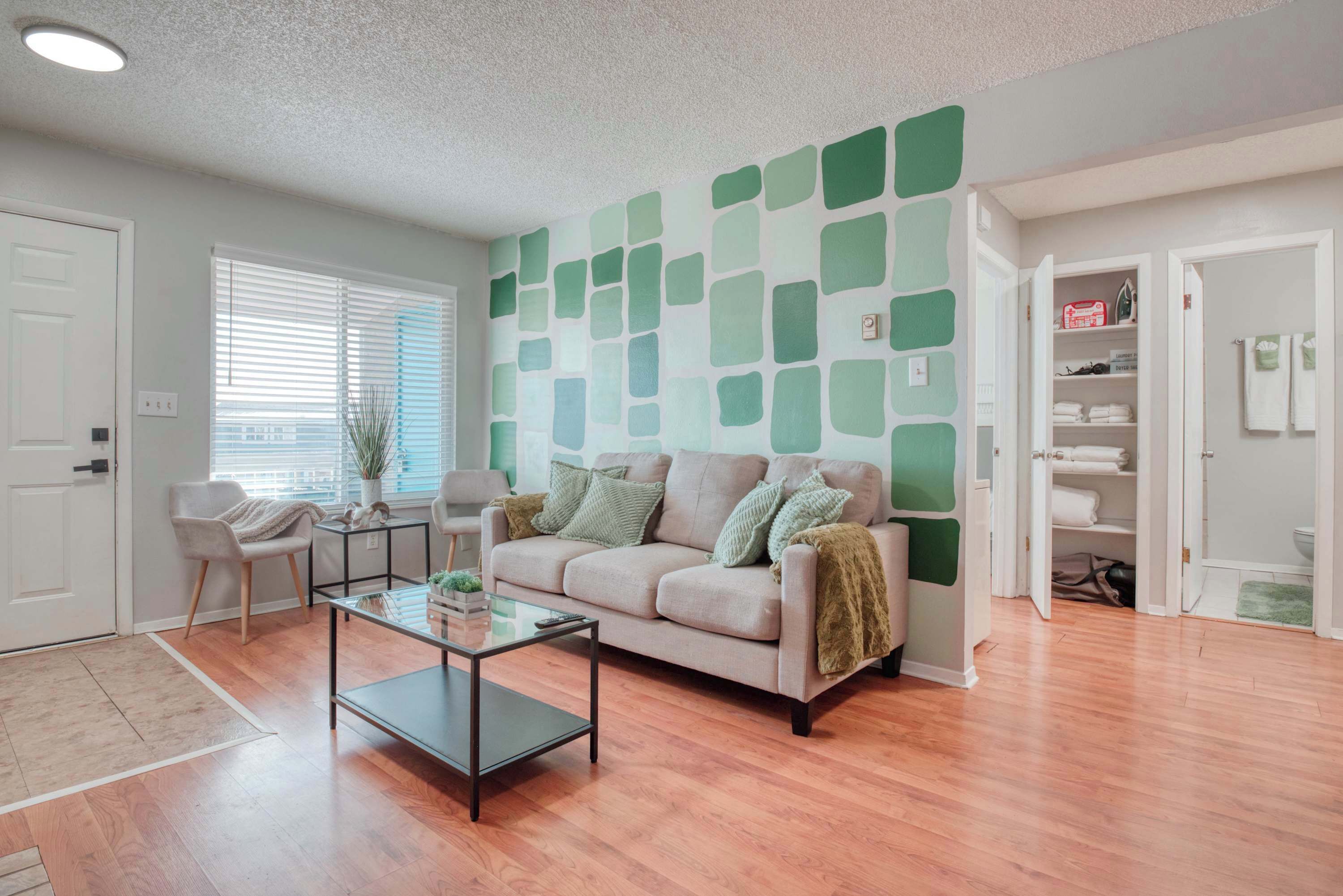 TV, fireplace, books, offices