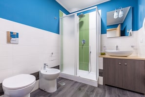 Shower, hair dryer, bidet, towels