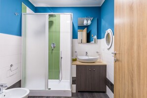 Shower, hair dryer, bidet, towels
