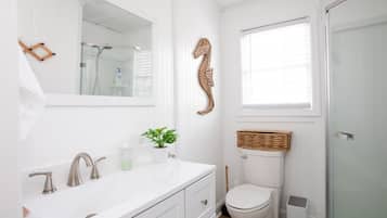 Hair dryer, towels, soap, shampoo