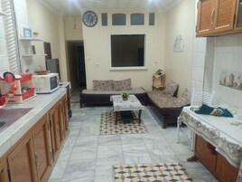 A compact living space with a kitchenette, a sofa, a dining table, and a patterned rug.