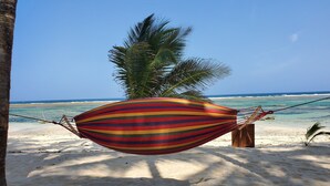 A hammock tied between two trees on a sandy beach with a palm tree and ocean view. - Impeccable 2-bed House in Diani Beach Kenya (Diani Beach)