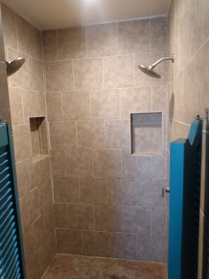 Shower, towels, soap, toilet paper