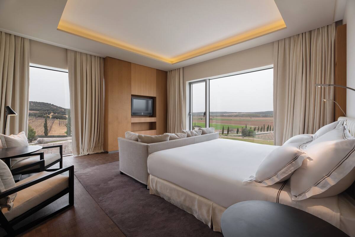 A modern hotel room with a large bed, a sofa, a TV, and a view of the countryside.