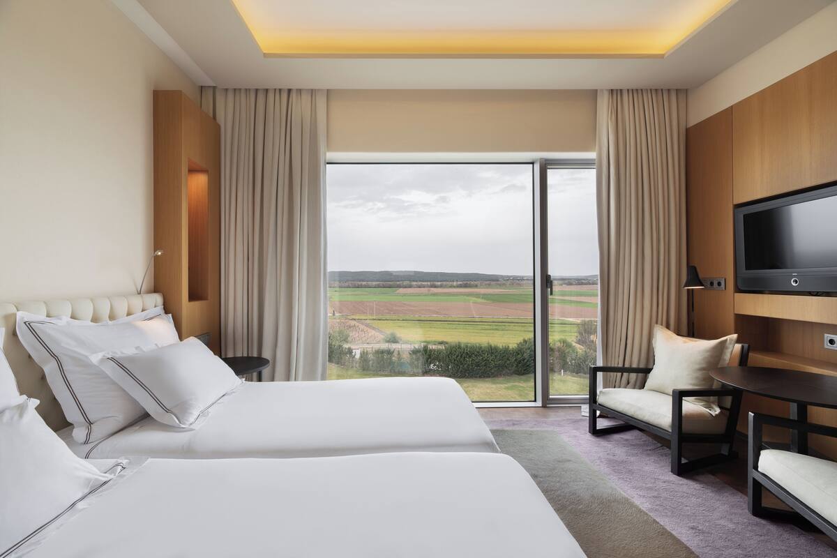 A hotel room with a large bed, a sofa, a TV, and a view of a green landscape through a large window.