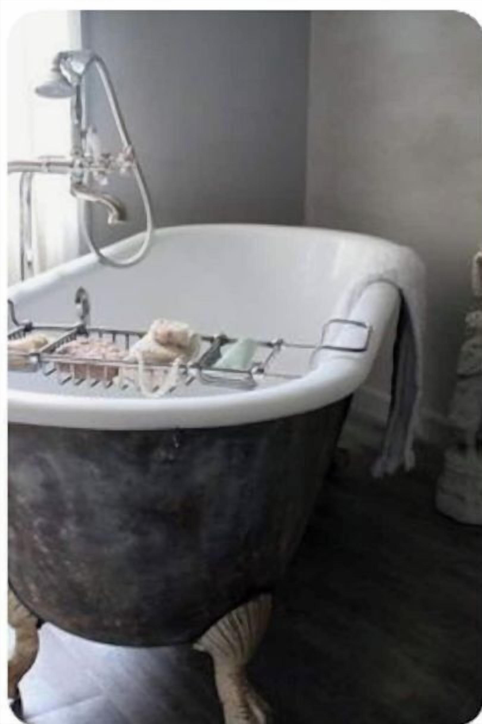 Une baignoire ancienne sur pieds, dotée d’un pommeau de douche, d’un porte-serviettes et d’un savonnetteur.