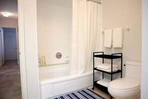 Hair dryer, towels, soap, shampoo