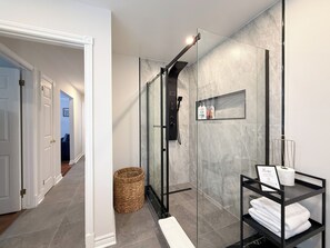 Hair dryer, towels, soap, shampoo