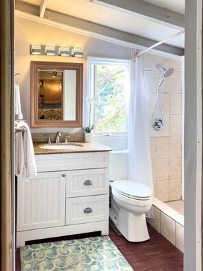 Een badkamer met een wastafel, spiegel, toilet en douche.