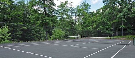 A tennis court surrounded by trees.