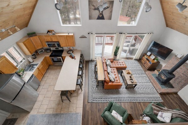 Smart TV, fireplace, video games, DVD player