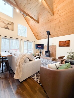 Smart TV, fireplace, video games, DVD player