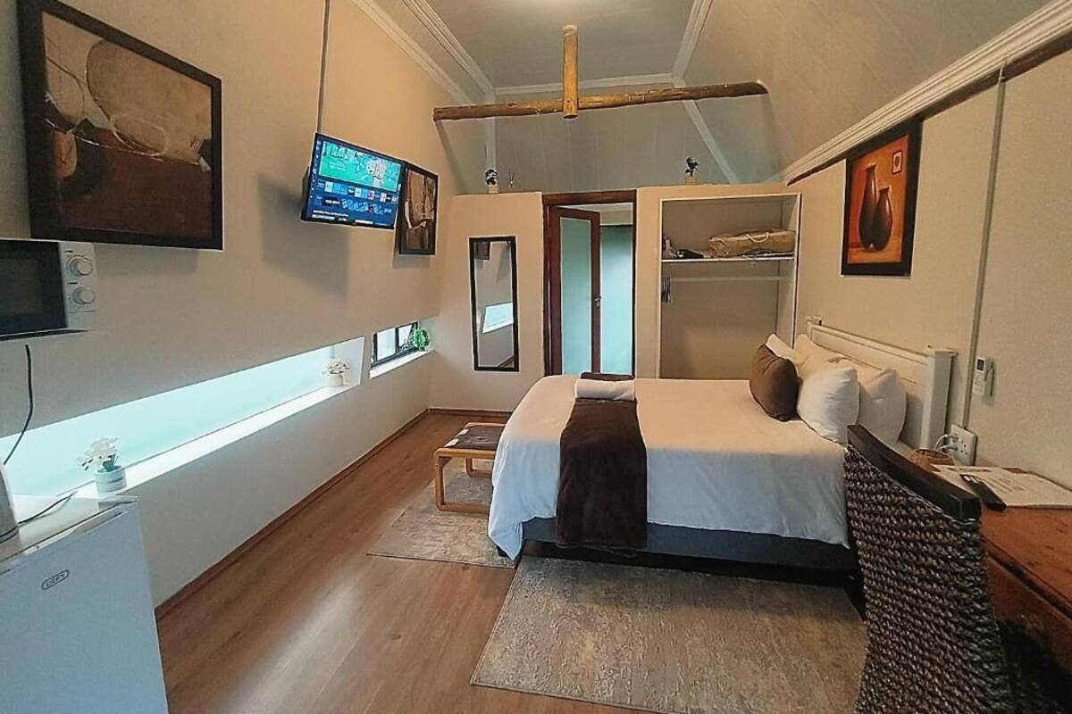 Un dormitorio con cama, televisor, armario y espejo.