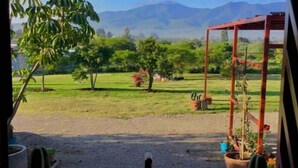 Une vue d’un jardin avec une balançoire, des arbres et une chaîne de montagnes en arrière-plan.