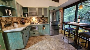 Fridge, microwave, coffee/tea maker, blender