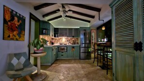 Fridge, microwave, coffee/tea maker, blender