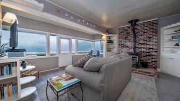 Una Smart TV, una chimenea, un reproductor de DVD