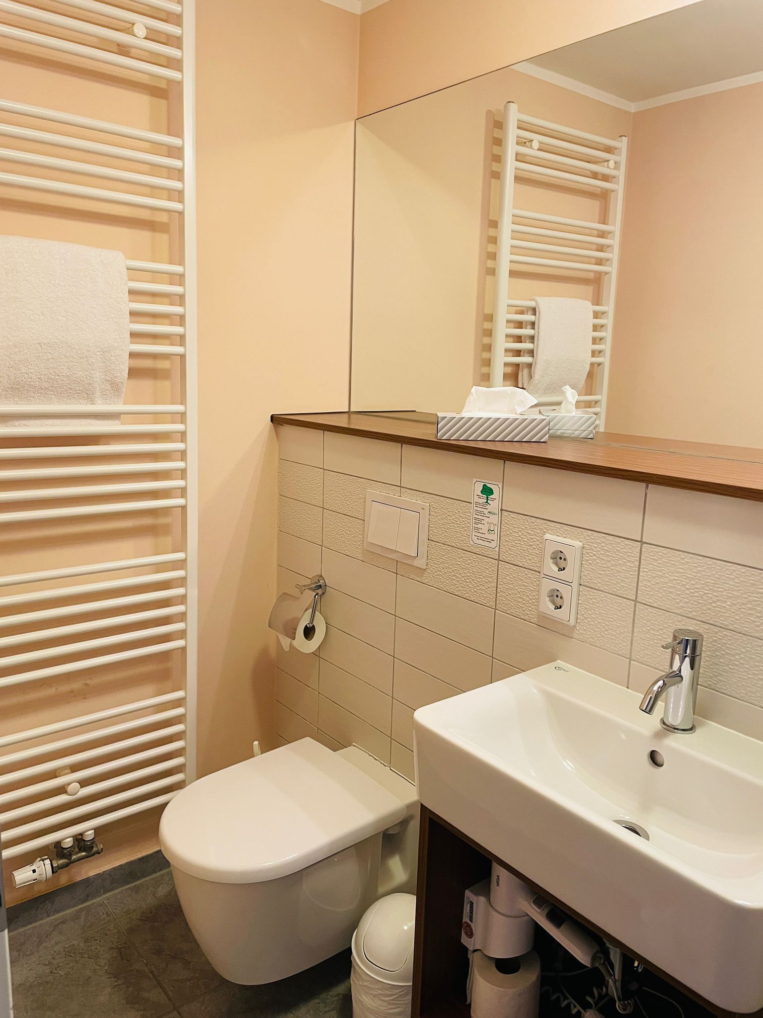 A bathroom with a toilet, bidet, sink, and towel rack.