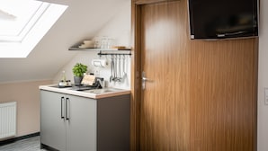 A modern kitchen with a skylight, a built-in TV, and a wooden door. - Point Hotel Apartments & Rooms (Dresden)
