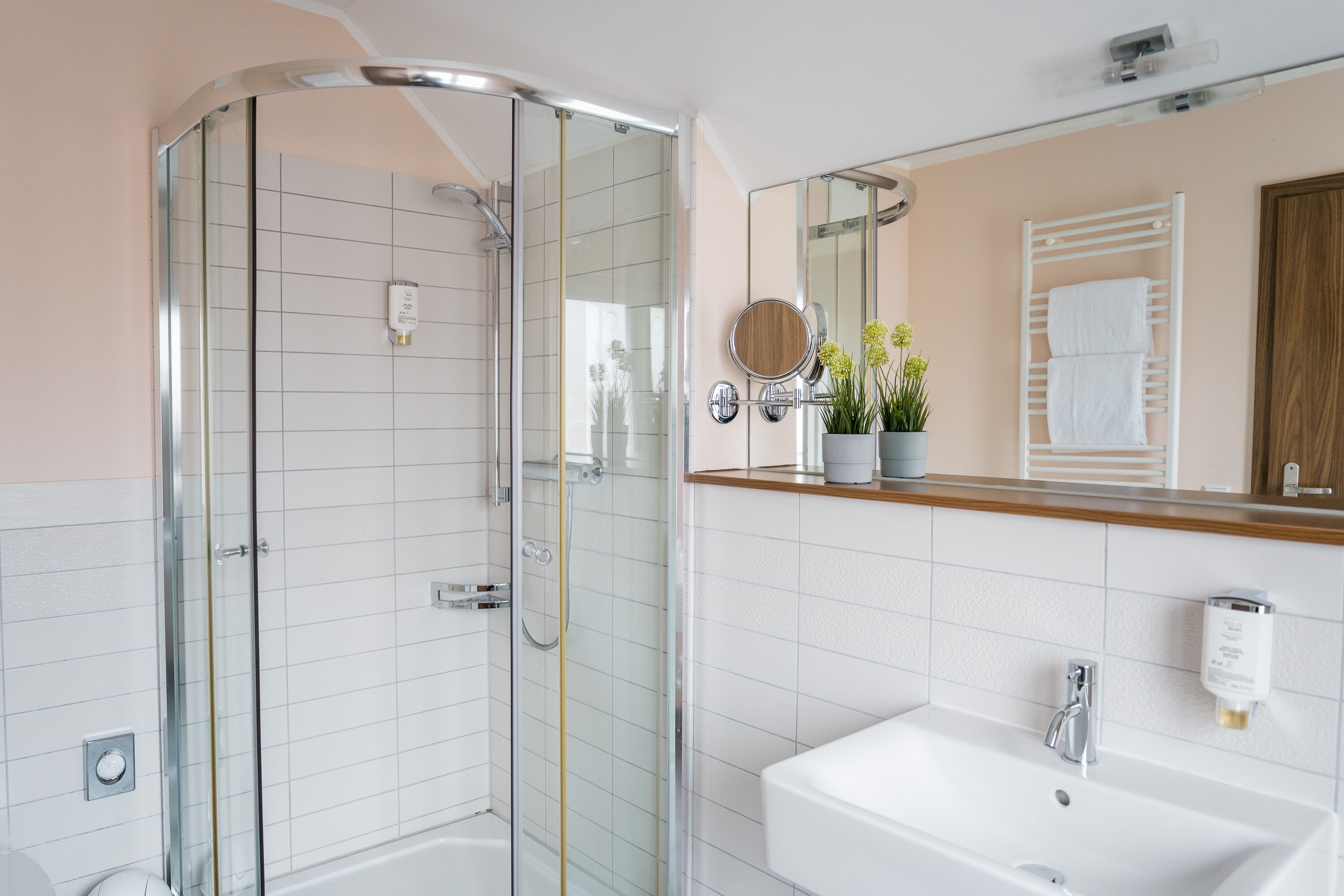 A modern bathroom with a glass-enclosed shower, a white sink, and a mirror above it.