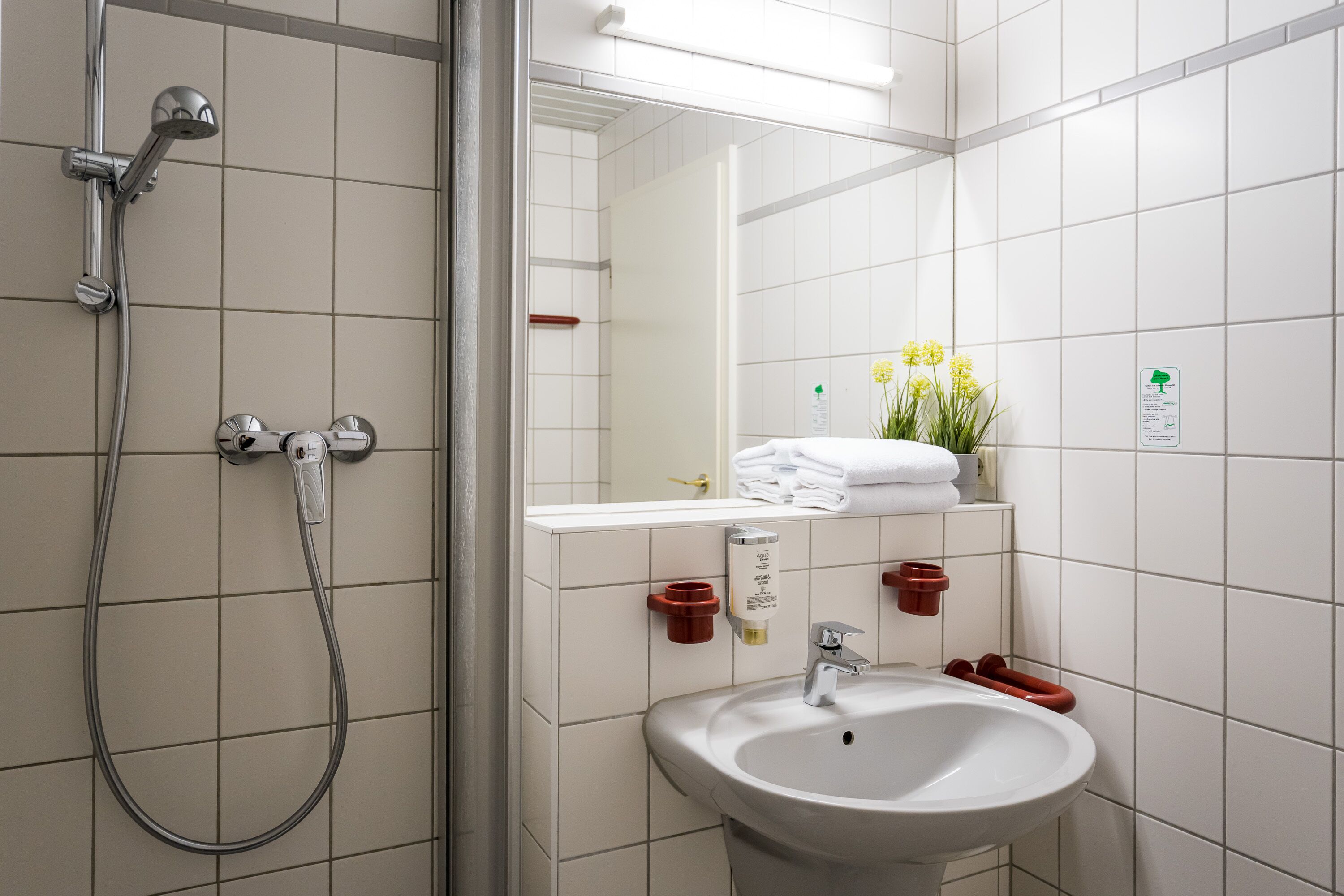 A bathroom with a shower, sink, and mirror.